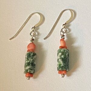 Sterling Silver Green Agate and Coral Dangle Earrings